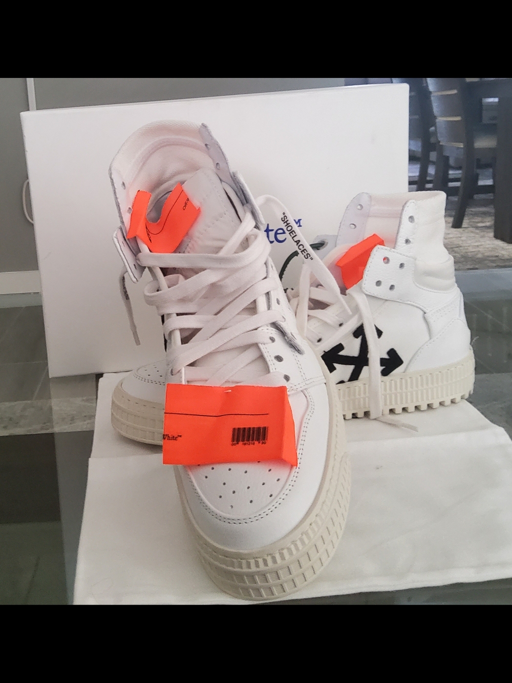 Off-White White High-Top Sneakers with Black Arrow and Orange Tags